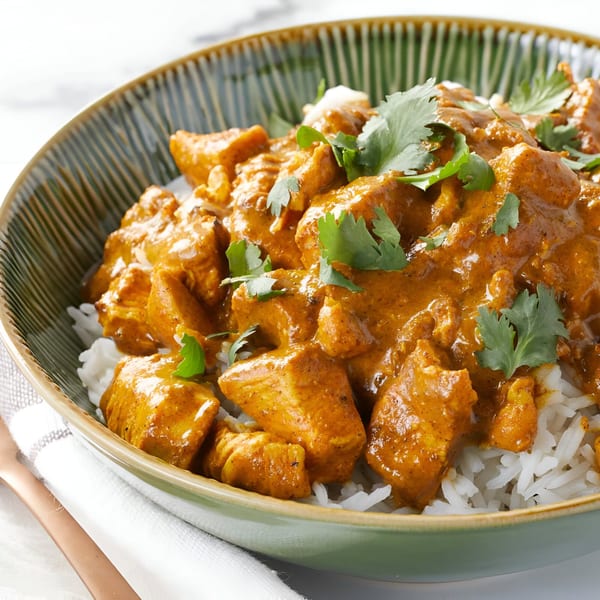 Close-up of Indian butter chicken with rice and cilantro in a green bowl.